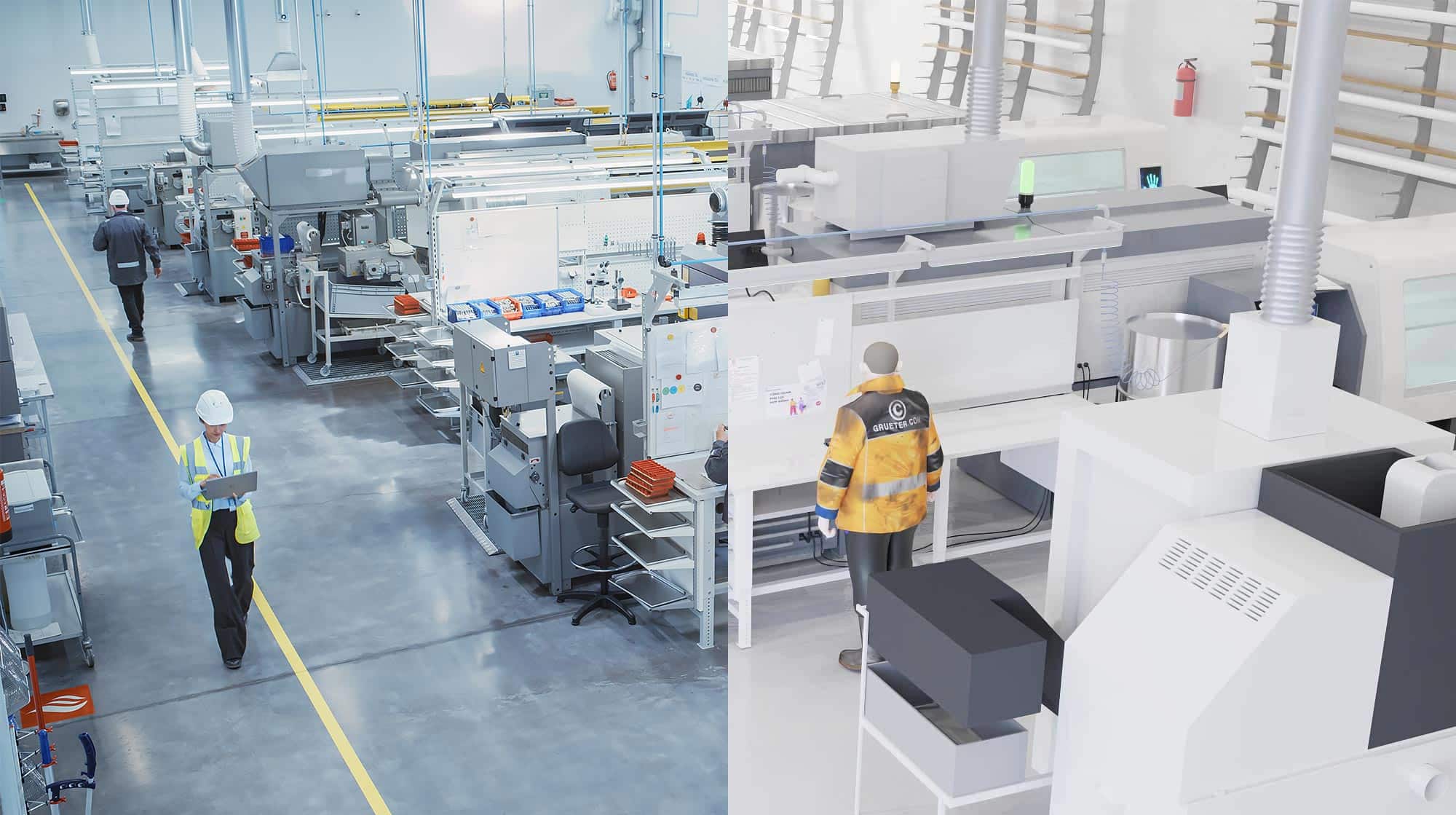 Gegenüberstellung einer Produktionshalle und ihrer digitalen Fabriksimulation