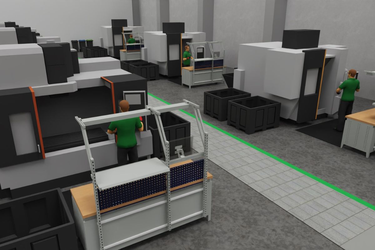 3D-Visualisierung einer Produktionshalle mit Maschinen, Arbeitsplätzen und Materialfluss