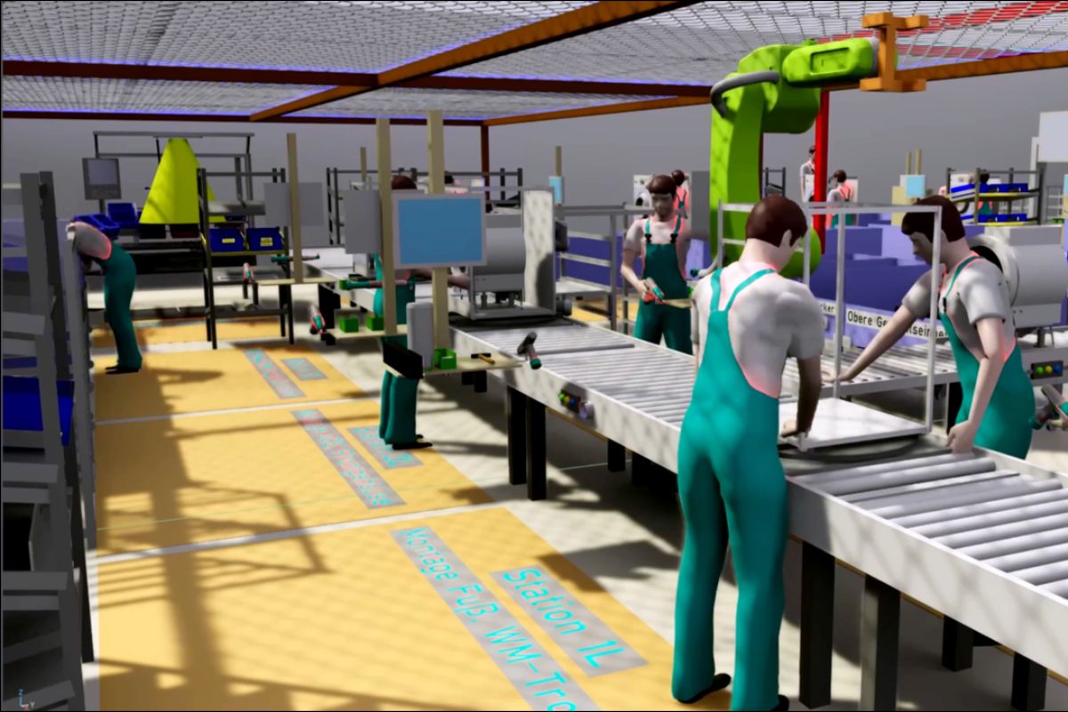Digitaler Zwilling einer Montagelinie mit Mitarbeitenden, Fördertechnik und Industrieroboter
